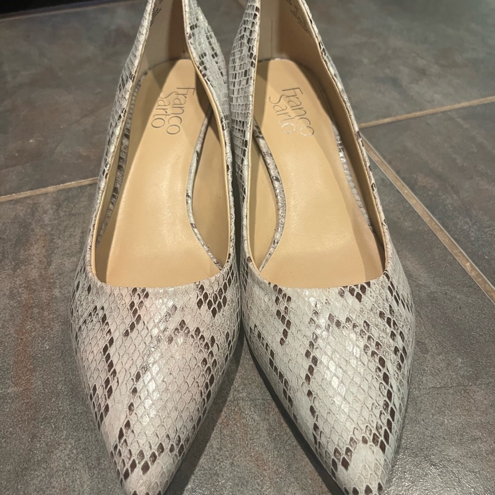 Franco Sarto Pointed Toe Snake-Print Flats in Beige and Brown